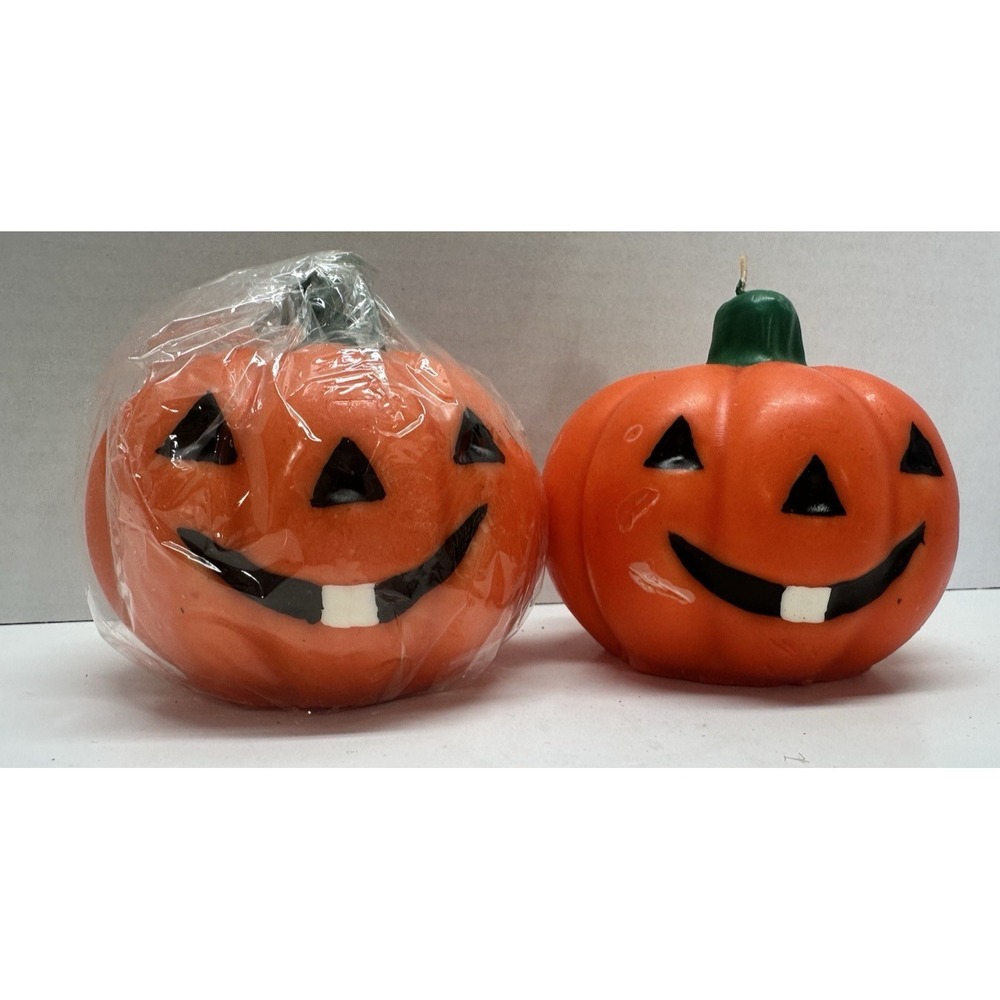 Pair Jack -O-Lantern Pumpkin Shaped Wax Halloween Candles NOS Orange